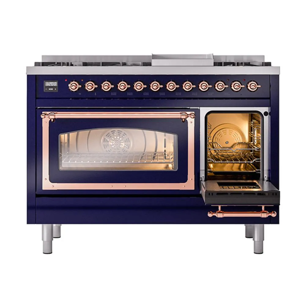 Ilve UN48FNMPMBP Ilve Un48Fnmpmbp Nostalgie Ii Noblesse 48" Dual Fuel Range (8 Sealed Burners   Griddle, Natural Gas, Triple Glass Door, Midnight Blue, Copper)