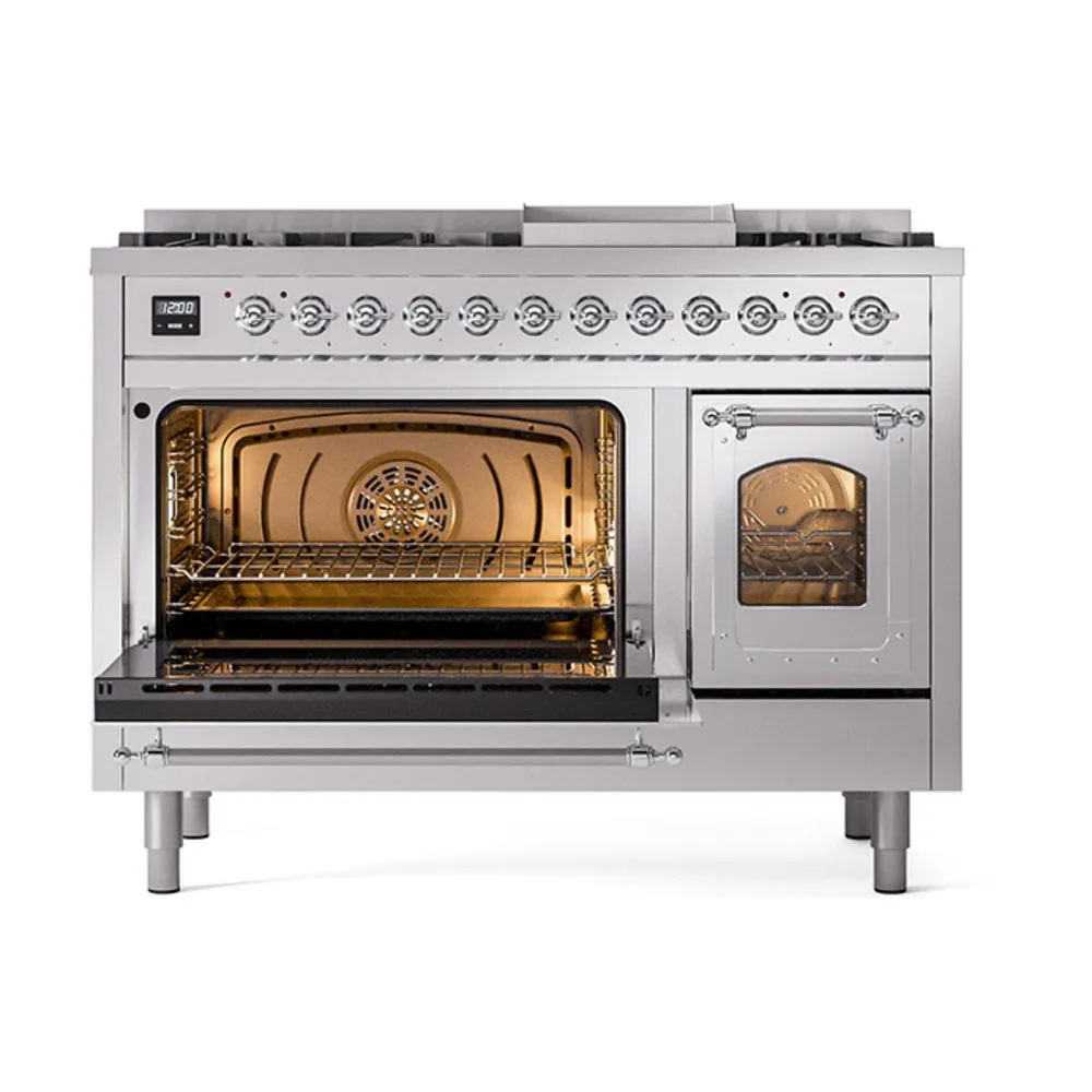 Ilve UN48FNMPSSCLP Ilve Un48Fnmpssclp Nostalgie Ii Noblesse 48" Dual Fuel Range (8 Sealed Burners   Griddle, Liquid Propane, Triple Glass Door, Stainless Steel, Chrome)
