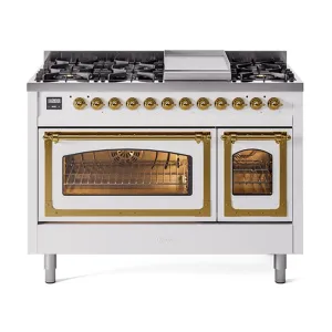 Ilve UN48FNMPWHGLP Ilve Un48Fnmpwhglp Nostalgie Ii Noblesse 48" Dual Fuel Range (8 Sealed Burners   Griddle, Liquid Propane, Triple Glass Door, White, Brass)