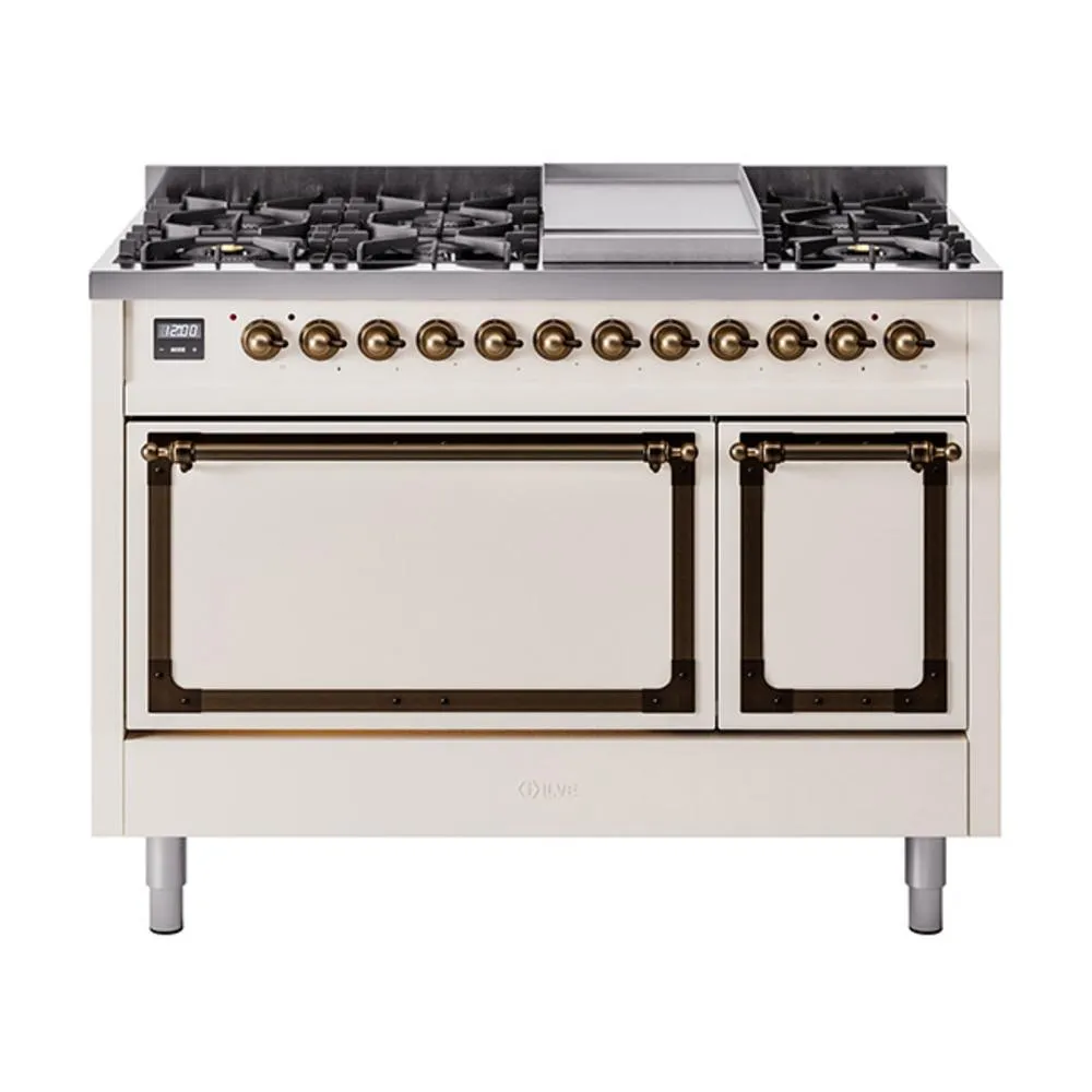 Ilve UN48FQNMPAWB Ilve Un48Fqnmpawb Nostalgie Ii Noblesse 48" Dual Fuel Range (8 Sealed Burners   Griddle, Natural Gas, Solid Door, Antique White, Burnished)
