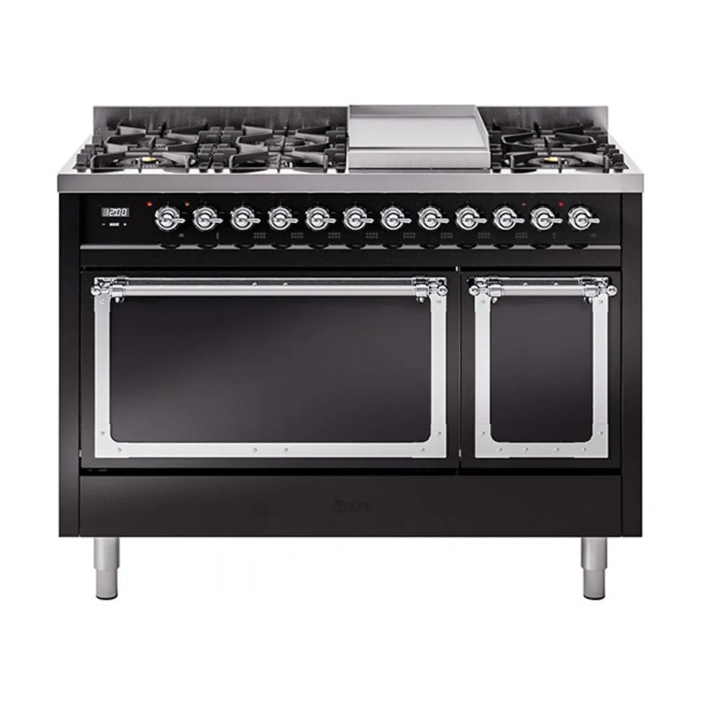 Ilve UN48FQNMPBKC Ilve Un48Fqnmpbkc Nostalgie Ii Noblesse 48" Dual Fuel Range (8 Sealed Burners   Griddle, Natural Gas, Solid Door, Glossy Black, Chrome)