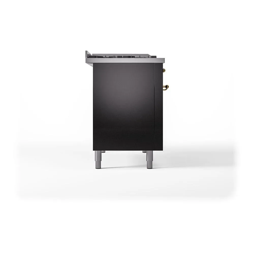 Ilve UN48FQNMPBKGLP Ilve Un48Fqnmpbkglp Nostalgie Ii Noblesse 48" Dual Fuel Range (8 Sealed Burners   Griddle, Liquid Propane, Solid Door, Glossy Black, Brass)
