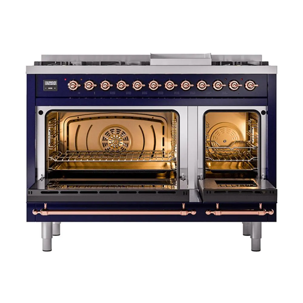 Ilve UN48FQNMPMBP Ilve Un48Fqnmpmbp Nostalgie Ii Noblesse 48" Dual Fuel Range (8 Sealed Burners   Griddle, Natural Gas, Solid Door, Midnight Blue, Copper)