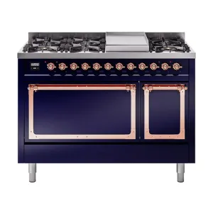 Ilve UN48FQNMPMBP Ilve Un48Fqnmpmbp Nostalgie Ii Noblesse 48" Dual Fuel Range (8 Sealed Burners   Griddle, Natural Gas, Solid Door, Midnight Blue, Copper)