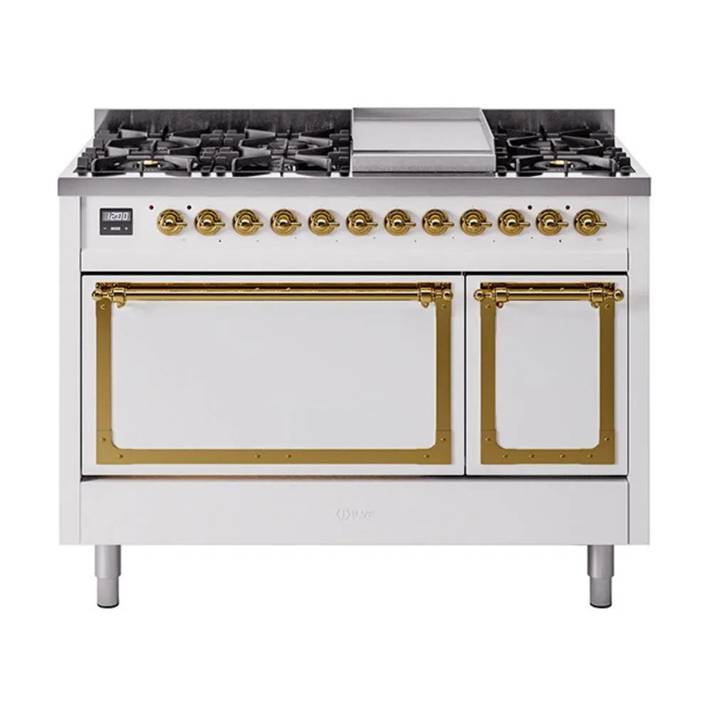 Ilve UN48FQNMPWHGLP Ilve Un48Fqnmpwhglp Nostalgie Ii Noblesse 48" Dual Fuel Range (8 Sealed Burners   Griddle, Liquid Propane, Solid Door, White, Brass)
