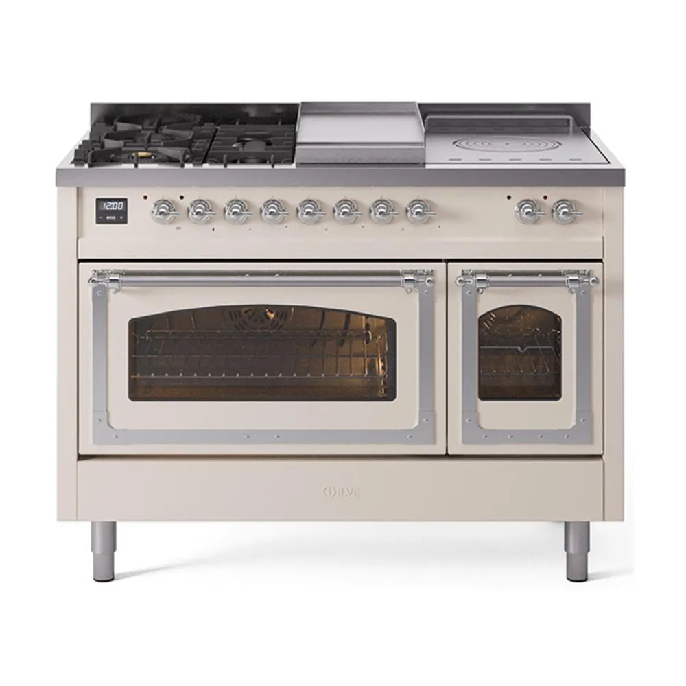 Ilve UN48FSNMPAWCLP Ilve Un48Fsnmpawclp Nostalgie Ii Noblesse 48" Dual Fuel Range (5 Sealed Burners   Griddle   French Top, Liquid Propane, Triple Glass Door, Antique White, Chrome)