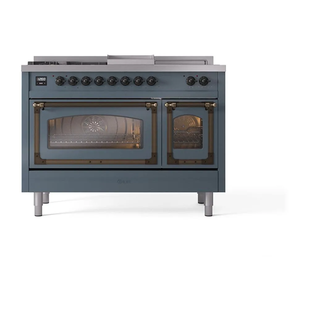 Ilve UN48FSNMPBGBLP Ilve Un48Fsnmpbgblp Nostalgie Ii Noblesse 48" Dual Fuel Range (5 Sealed Burners   Griddle   French Top, Liquid Propane, Triple Glass Door, Blue Grey, Burnished)