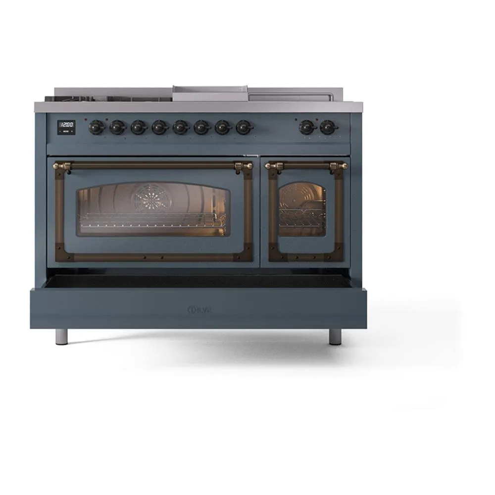 Ilve UN48FSNMPBGBLP Ilve Un48Fsnmpbgblp Nostalgie Ii Noblesse 48" Dual Fuel Range (5 Sealed Burners   Griddle   French Top, Liquid Propane, Triple Glass Door, Blue Grey, Burnished)