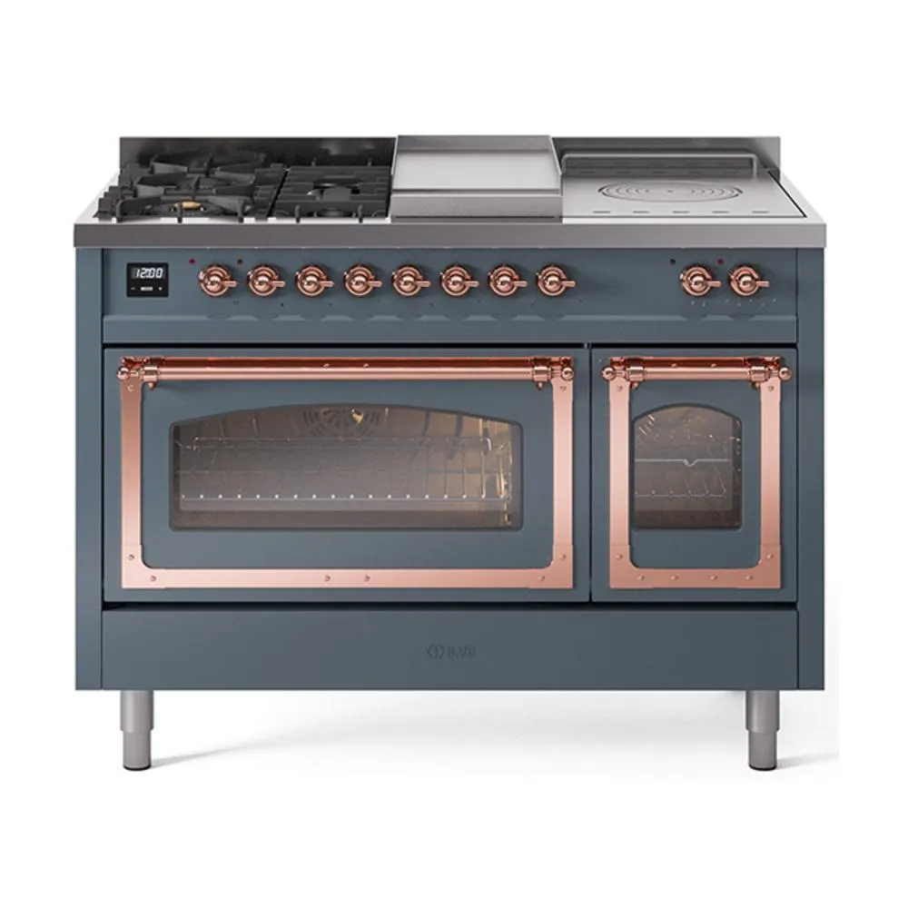 Ilve UN48FSNMPBGPLP Ilve Un48Fsnmpbgplp Nostalgie Ii Noblesse 48" Dual Fuel Range (5 Sealed Burners   Griddle   French Top, Liquid Propane, Triple Glass Door, Blue Grey, Copper)