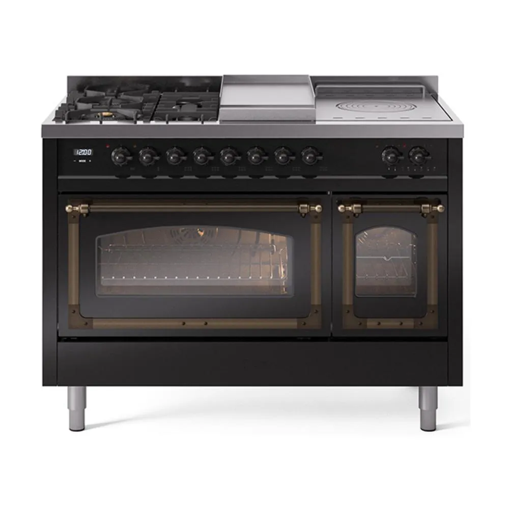 Ilve UN48FSNMPBKB Ilve Un48Fsnmpbkb Nostalgie Ii Noblesse 48" Dual Fuel Range (5 Sealed Burners   Griddle   French Top, Natural Gas, Triple Glass Door, Glossy Black, Burnished)