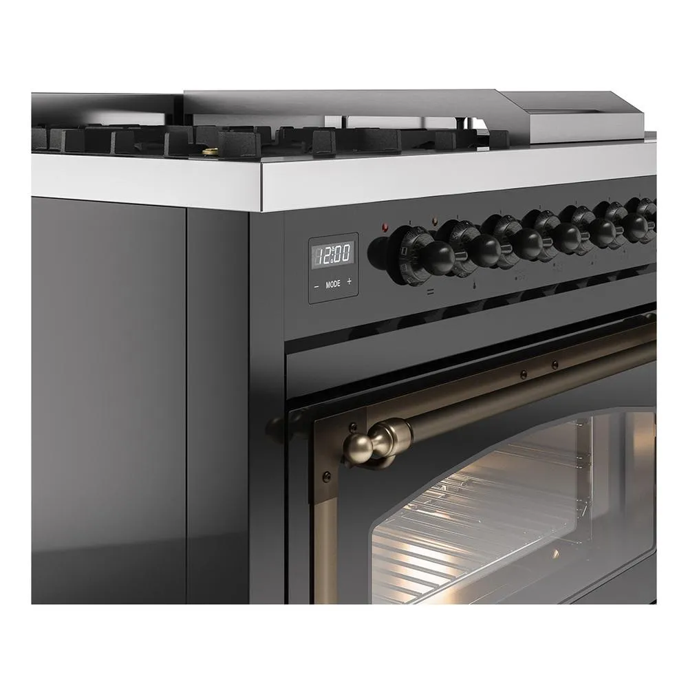 Ilve UN48FSNMPBKBLP Ilve Un48Fsnmpbkblp Nostalgie Ii Noblesse 48" Dual Fuel Range (5 Sealed Burners   Griddle   French Top, Liquid Propane, Triple Glass Door, Glossy Black, Burnished)