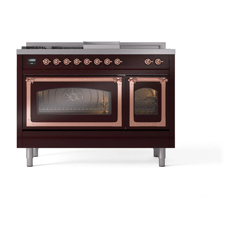 Ilve UN48FSNMPBUPLP Ilve Un48Fsnmpbuplp Nostalgie Ii Noblesse 48" Dual Fuel Range (5 Sealed Burners   Griddle   French Top, Liquid Propane, Triple Glass Door, Burgundy, Copper)