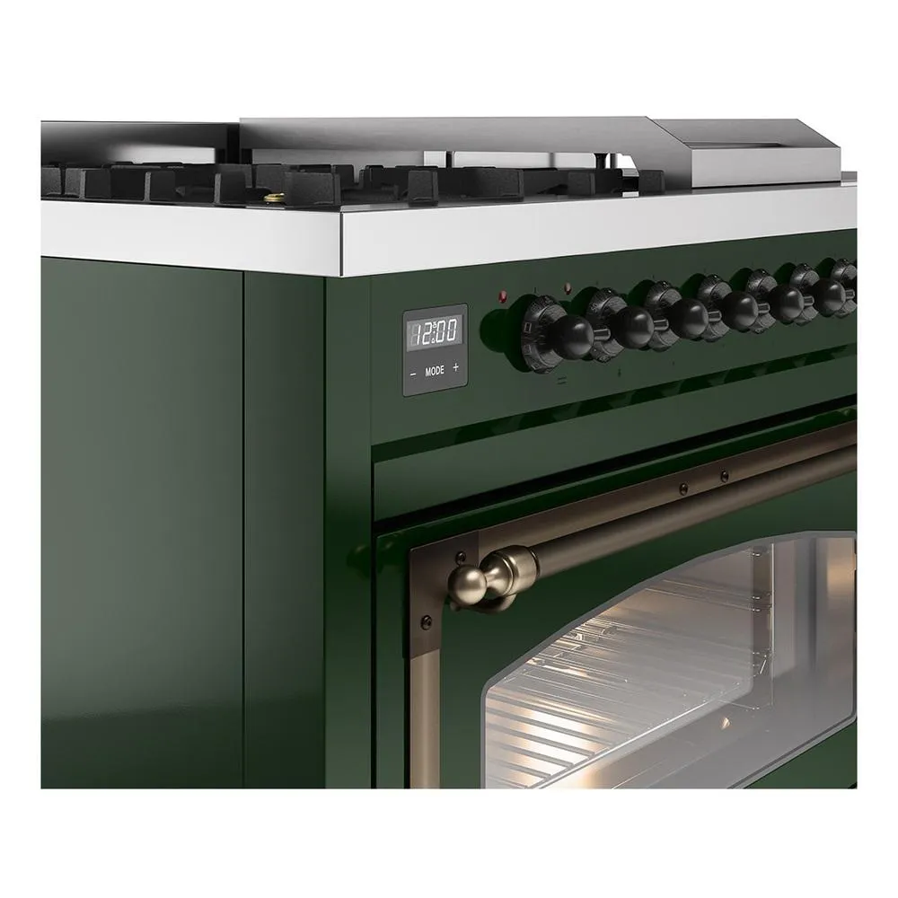 Ilve UN48FSNMPEGB Ilve Un48Fsnmpegb Nostalgie Ii Noblesse 48" Dual Fuel Range (5 Sealed Burners   Griddle   French Top, Natural Gas, Triple Glass Door, Emerald Green, Burnished)