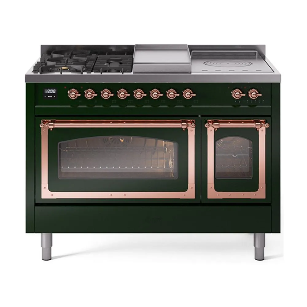 Ilve UN48FSNMPEGPLP Ilve Un48Fsnmpegplp Nostalgie Ii Noblesse 48" Dual Fuel Range (5 Sealed Burners   Griddle   French Top, Liquid Propane, Triple Glass Door, Emerald Green, Copper)