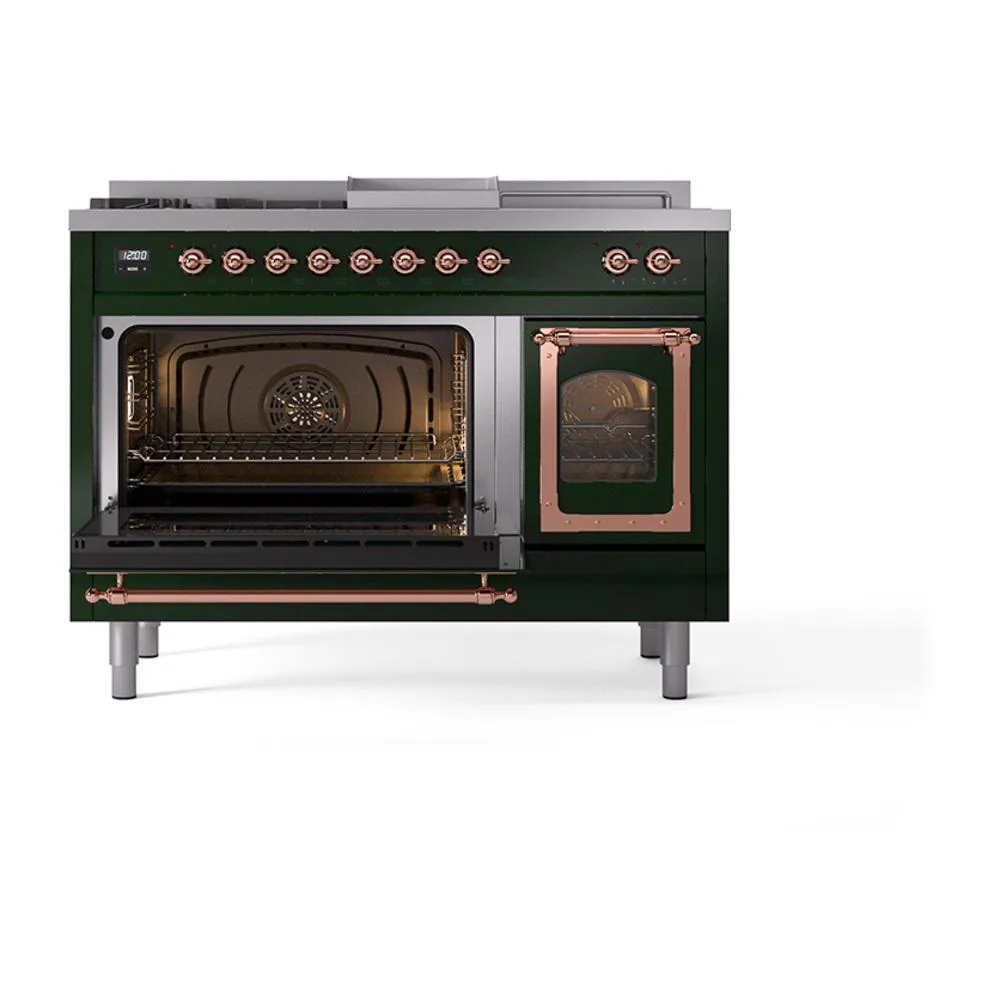 Ilve UN48FSNMPEGPLP Ilve Un48Fsnmpegplp Nostalgie Ii Noblesse 48" Dual Fuel Range (5 Sealed Burners   Griddle   French Top, Liquid Propane, Triple Glass Door, Emerald Green, Copper)