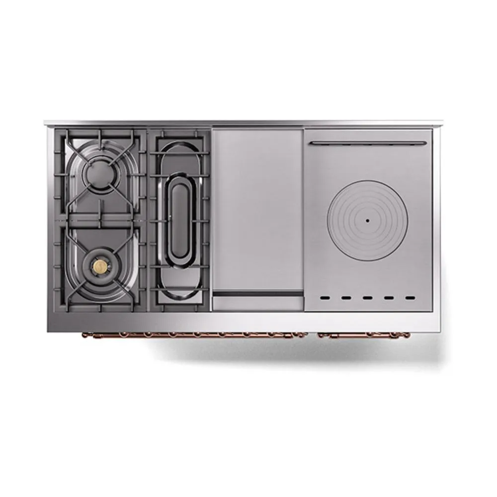 Ilve UN48FSNMPEGPLP Ilve Un48Fsnmpegplp Nostalgie Ii Noblesse 48" Dual Fuel Range (5 Sealed Burners   Griddle   French Top, Liquid Propane, Triple Glass Door, Emerald Green, Copper)