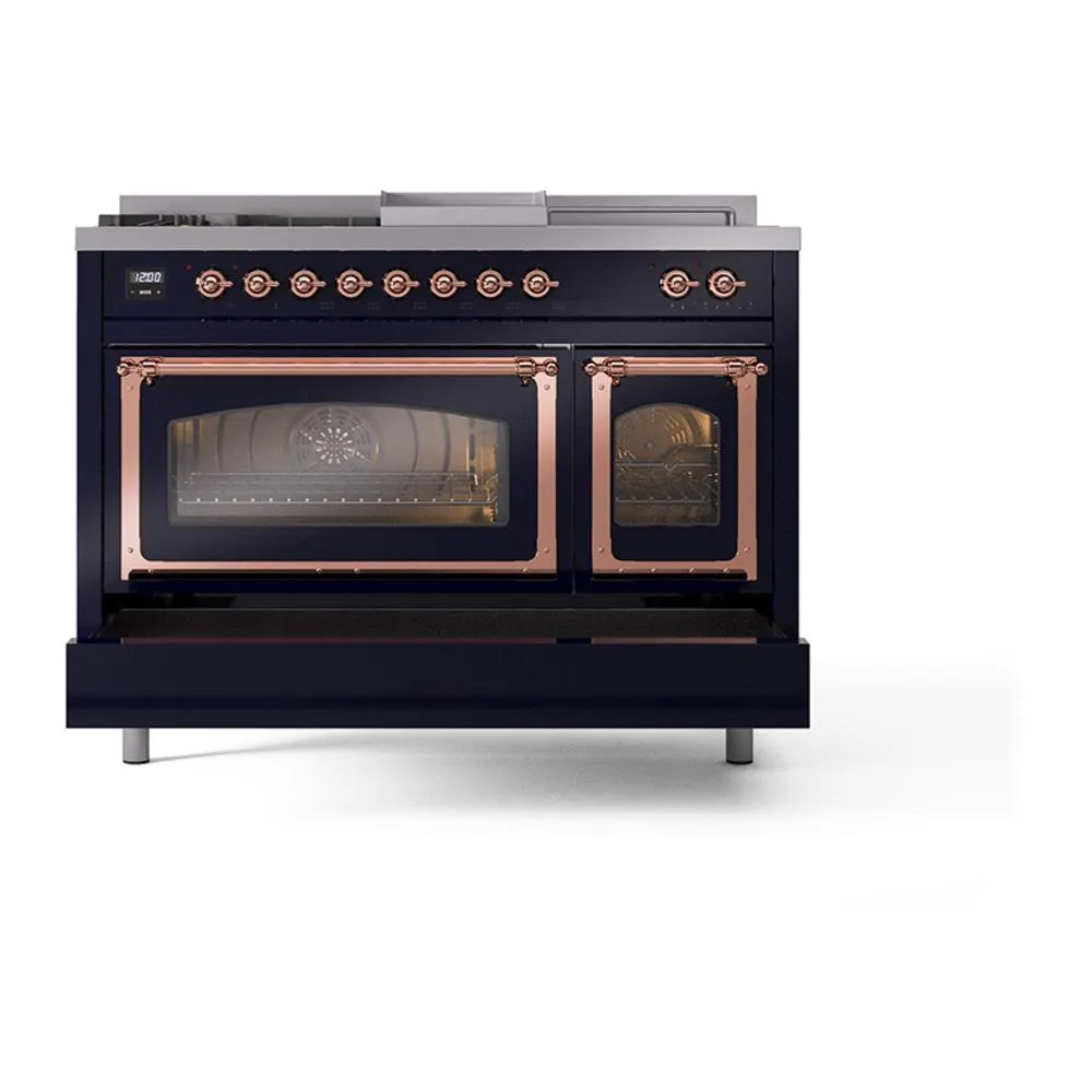 Ilve UN48FSNMPMBPLP Ilve Un48Fsnmpmbplp Nostalgie Ii Noblesse 48" Dual Fuel Range (5 Sealed Burners   Griddle   French Top, Liquid Propane, Triple Glass Door, Midnight Blue, Copper)