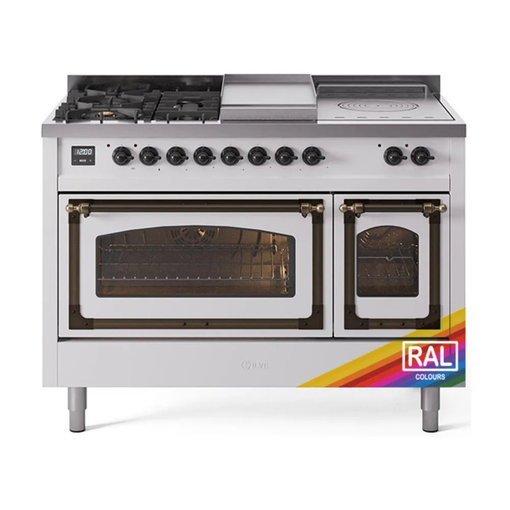 Ilve UN48FSNMPRABLP Ilve Un48Fsnmprablp Nostalgie Ii Noblesse 48" Dual Fuel Range (5 Sealed Burners   Griddle   French Top, Liquid Propane, Triple Glass Door, Ral, Burnished)