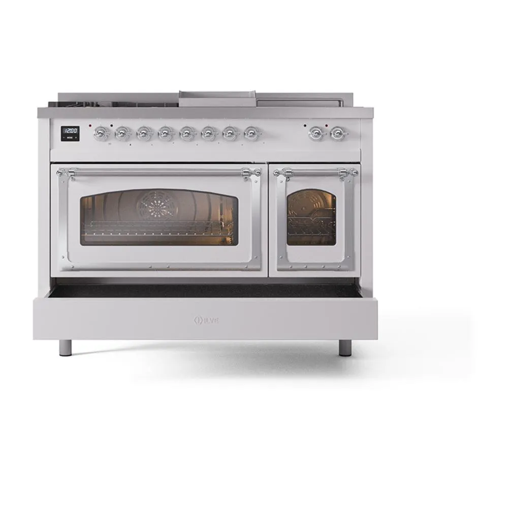 Ilve UN48FSNMPRACLP Ilve Un48Fsnmpraclp Nostalgie Ii Noblesse 48" Dual Fuel Range (5 Sealed Burners   Griddle   French Top, Liquid Propane, Triple Glass Door, Ral, Chrome)