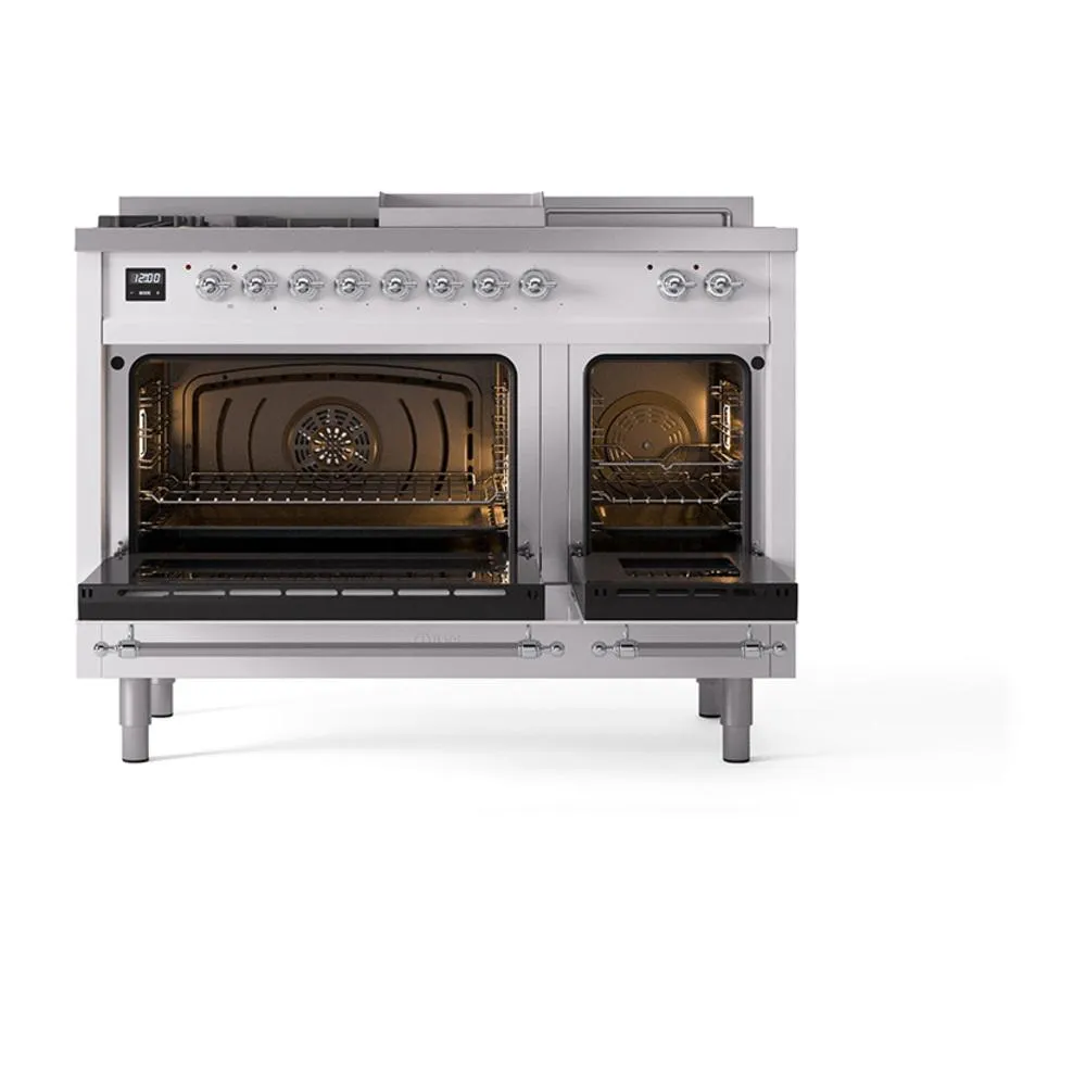 Ilve UN48FSNMPRACLP Ilve Un48Fsnmpraclp Nostalgie Ii Noblesse 48" Dual Fuel Range (5 Sealed Burners   Griddle   French Top, Liquid Propane, Triple Glass Door, Ral, Chrome)