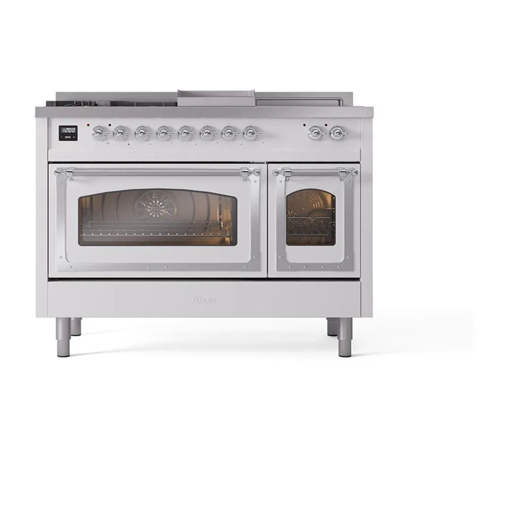Ilve UN48FSNMPRACLP Ilve Un48Fsnmpraclp Nostalgie Ii Noblesse 48" Dual Fuel Range (5 Sealed Burners   Griddle   French Top, Liquid Propane, Triple Glass Door, Ral, Chrome)
