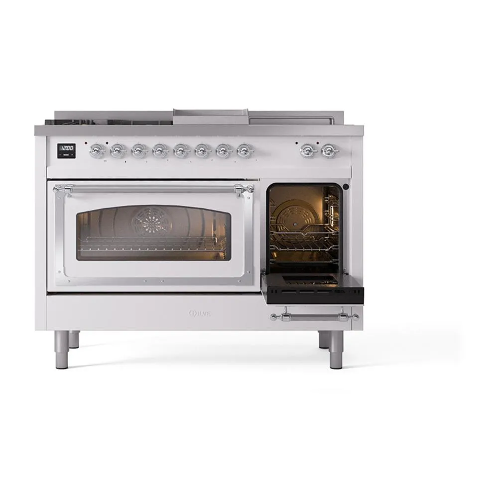Ilve UN48FSNMPRACLP Ilve Un48Fsnmpraclp Nostalgie Ii Noblesse 48" Dual Fuel Range (5 Sealed Burners   Griddle   French Top, Liquid Propane, Triple Glass Door, Ral, Chrome)