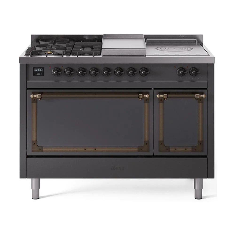 Ilve UN48FSQNMPMGBLP Ilve Un48Fsqnmpmgblp Nostalgie Ii Noblesse 48" Dual Fuel Range (5 Sealed Burners   Griddle   French Top, Liquid Propane, Solid Door, Graphite Matte, Burnished)