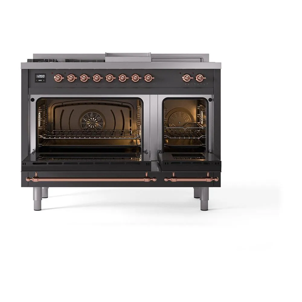 Ilve UN48FSQNMPMGP Ilve Un48Fsqnmpmgp Nostalgie Ii Noblesse 48" Dual Fuel Range (5 Sealed Burners   Griddle   French Top, Natural Gas, Solid Door, Graphite Matte, Copper)