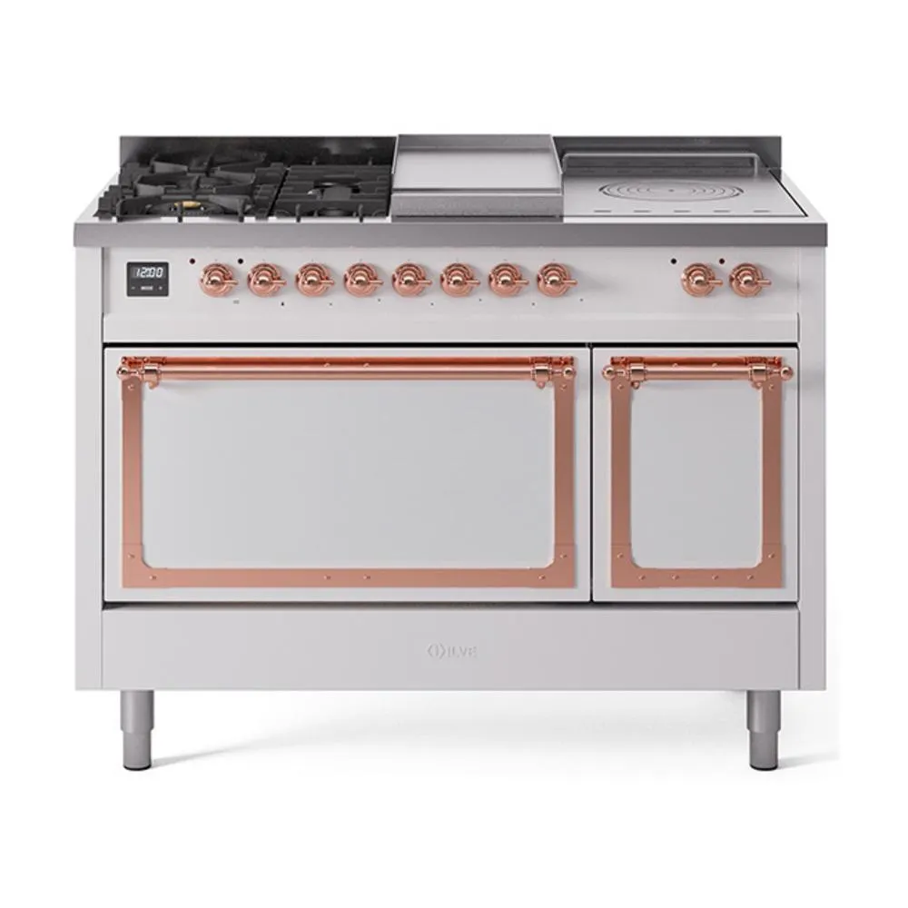 Ilve UN48FSQNMPWHP Ilve Un48Fsqnmpwhp Nostalgie Ii Noblesse 48" Dual Fuel Range (5 Sealed Burners   Griddle   French Top, Natural Gas, Solid Door, White, Copper)