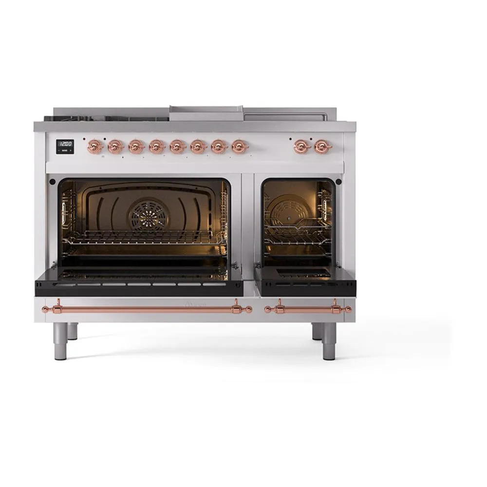 Ilve UN48FSQNMPWHP Ilve Un48Fsqnmpwhp Nostalgie Ii Noblesse 48" Dual Fuel Range (5 Sealed Burners   Griddle   French Top, Natural Gas, Solid Door, White, Copper)
