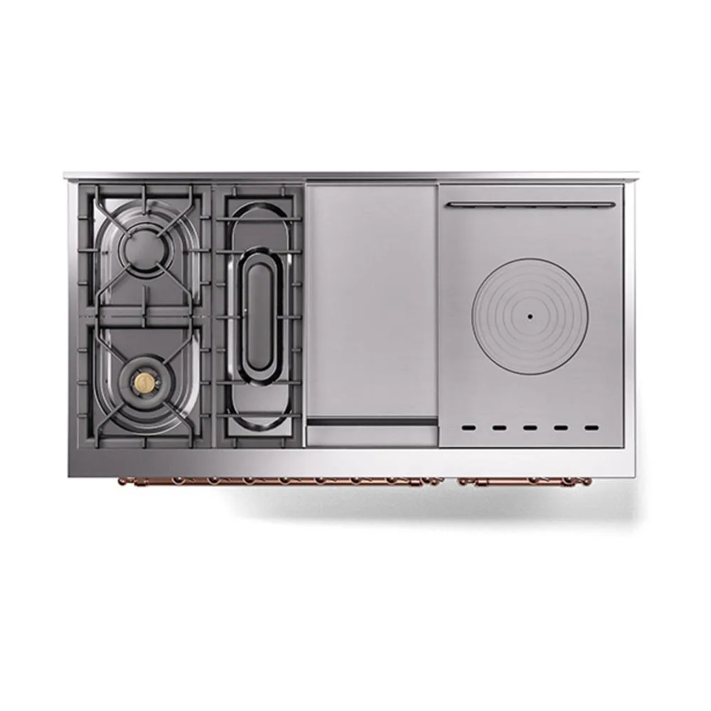 Ilve UN48FSQNMPWHP Ilve Un48Fsqnmpwhp Nostalgie Ii Noblesse 48" Dual Fuel Range (5 Sealed Burners   Griddle   French Top, Natural Gas, Solid Door, White, Copper)