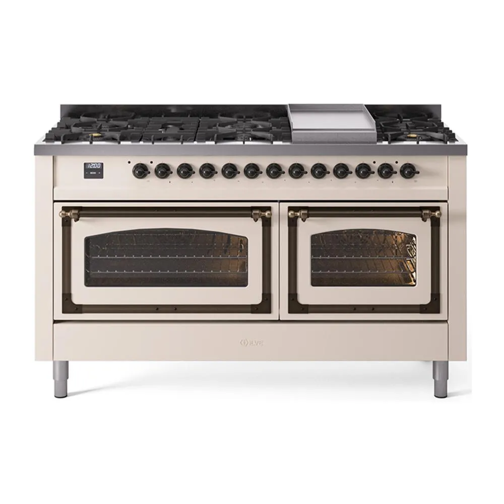 Ilve UN60FNMPAWB Ilve Un60Fnmpawb Nostalgie Ii Noblesse 60" Dual Fuel Range (9 Sealed Burners   Griddle, Natural Gas, Triple Glass Door, Antique White, Burnished)
