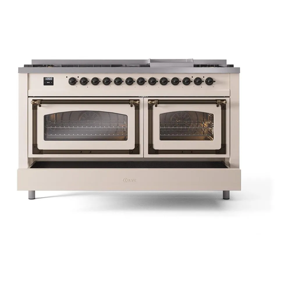Ilve UN60FNMPAWB Ilve Un60Fnmpawb Nostalgie Ii Noblesse 60" Dual Fuel Range (9 Sealed Burners   Griddle, Natural Gas, Triple Glass Door, Antique White, Burnished)