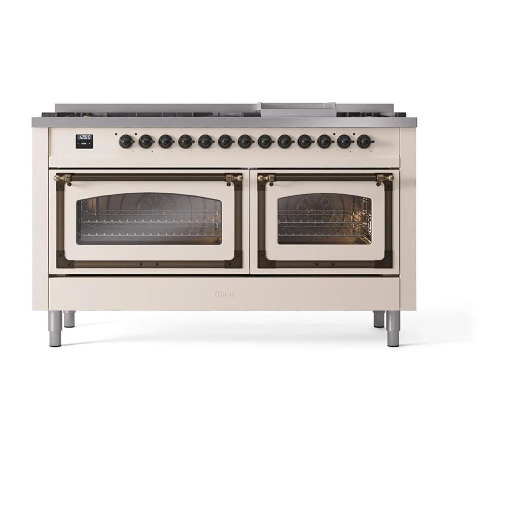 Ilve UN60FNMPAWB Ilve Un60Fnmpawb Nostalgie Ii Noblesse 60" Dual Fuel Range (9 Sealed Burners   Griddle, Natural Gas, Triple Glass Door, Antique White, Burnished)