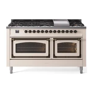 Ilve UN60FNMPAWB Ilve Un60Fnmpawb Nostalgie Ii Noblesse 60" Dual Fuel Range (9 Sealed Burners   Griddle, Natural Gas, Triple Glass Door, Antique White, Burnished)