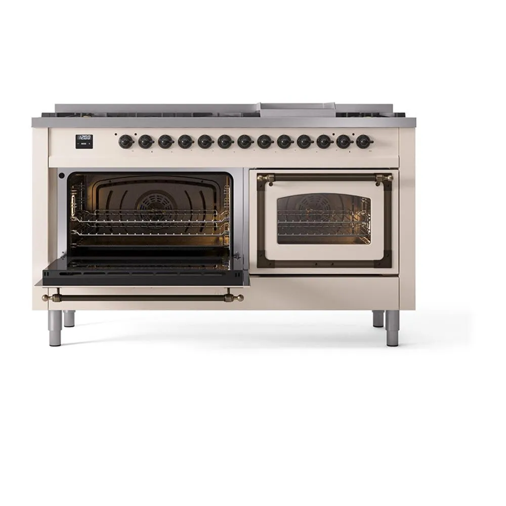 Ilve UN60FNMPAWB Ilve Un60Fnmpawb Nostalgie Ii Noblesse 60" Dual Fuel Range (9 Sealed Burners   Griddle, Natural Gas, Triple Glass Door, Antique White, Burnished)