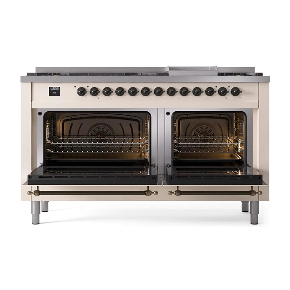 Ilve UN60FNMPAWB Ilve Un60Fnmpawb Nostalgie Ii Noblesse 60" Dual Fuel Range (9 Sealed Burners   Griddle, Natural Gas, Triple Glass Door, Antique White, Burnished)
