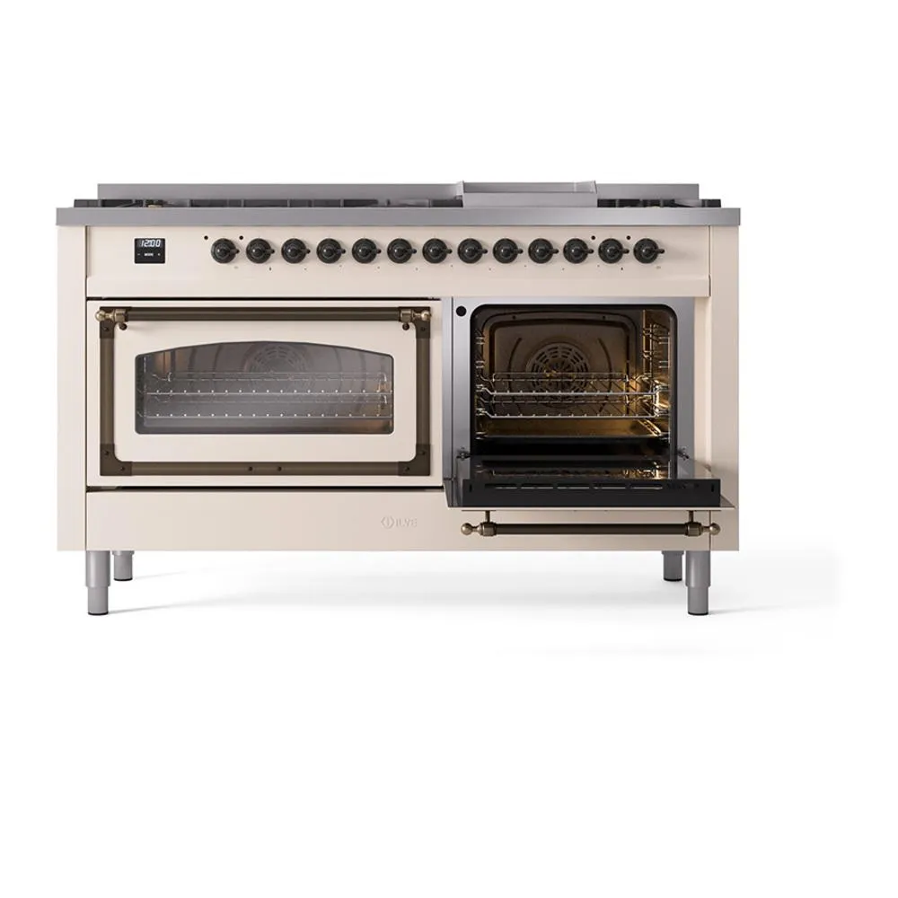 Ilve UN60FNMPAWB Ilve Un60Fnmpawb Nostalgie Ii Noblesse 60" Dual Fuel Range (9 Sealed Burners   Griddle, Natural Gas, Triple Glass Door, Antique White, Burnished)