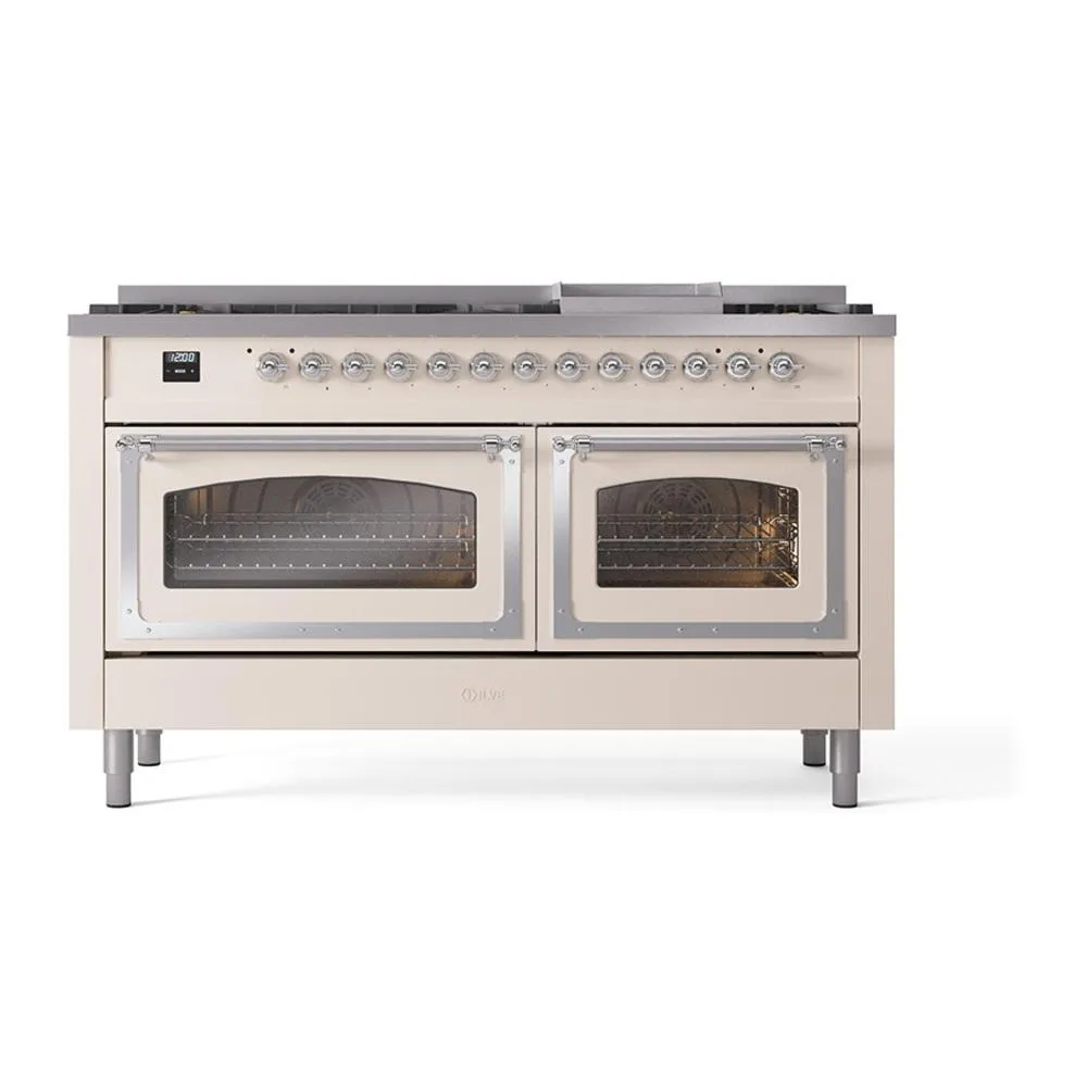 Ilve UN60FNMPAWCLP Ilve Un60Fnmpawclp Nostalgie Ii Noblesse 60" Dual Fuel Range (9 Sealed Burners   Griddle, Liquid Propane, Triple Glass Door, Antique White, Chrome)