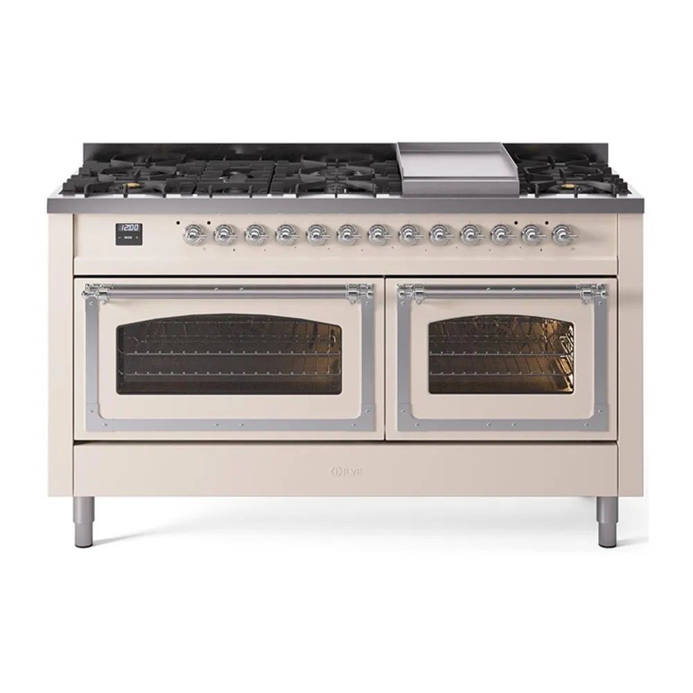 Ilve UN60FNMPAWCLP Ilve Un60Fnmpawclp Nostalgie Ii Noblesse 60" Dual Fuel Range (9 Sealed Burners   Griddle, Liquid Propane, Triple Glass Door, Antique White, Chrome)