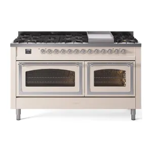 Ilve UN60FNMPAWCLP Ilve Un60Fnmpawclp Nostalgie Ii Noblesse 60" Dual Fuel Range (9 Sealed Burners   Griddle, Liquid Propane, Triple Glass Door, Antique White, Chrome)