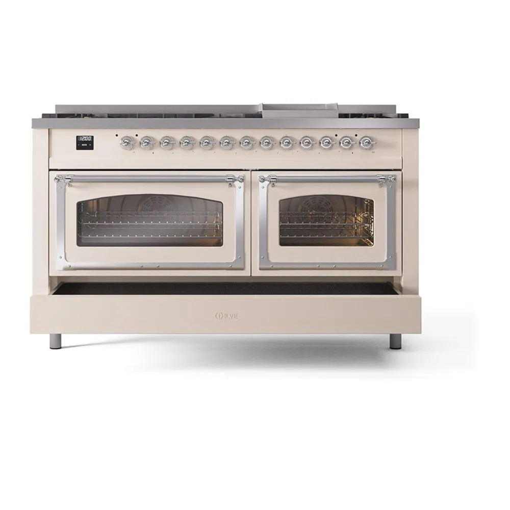 Ilve UN60FNMPAWCLP Ilve Un60Fnmpawclp Nostalgie Ii Noblesse 60" Dual Fuel Range (9 Sealed Burners   Griddle, Liquid Propane, Triple Glass Door, Antique White, Chrome)
