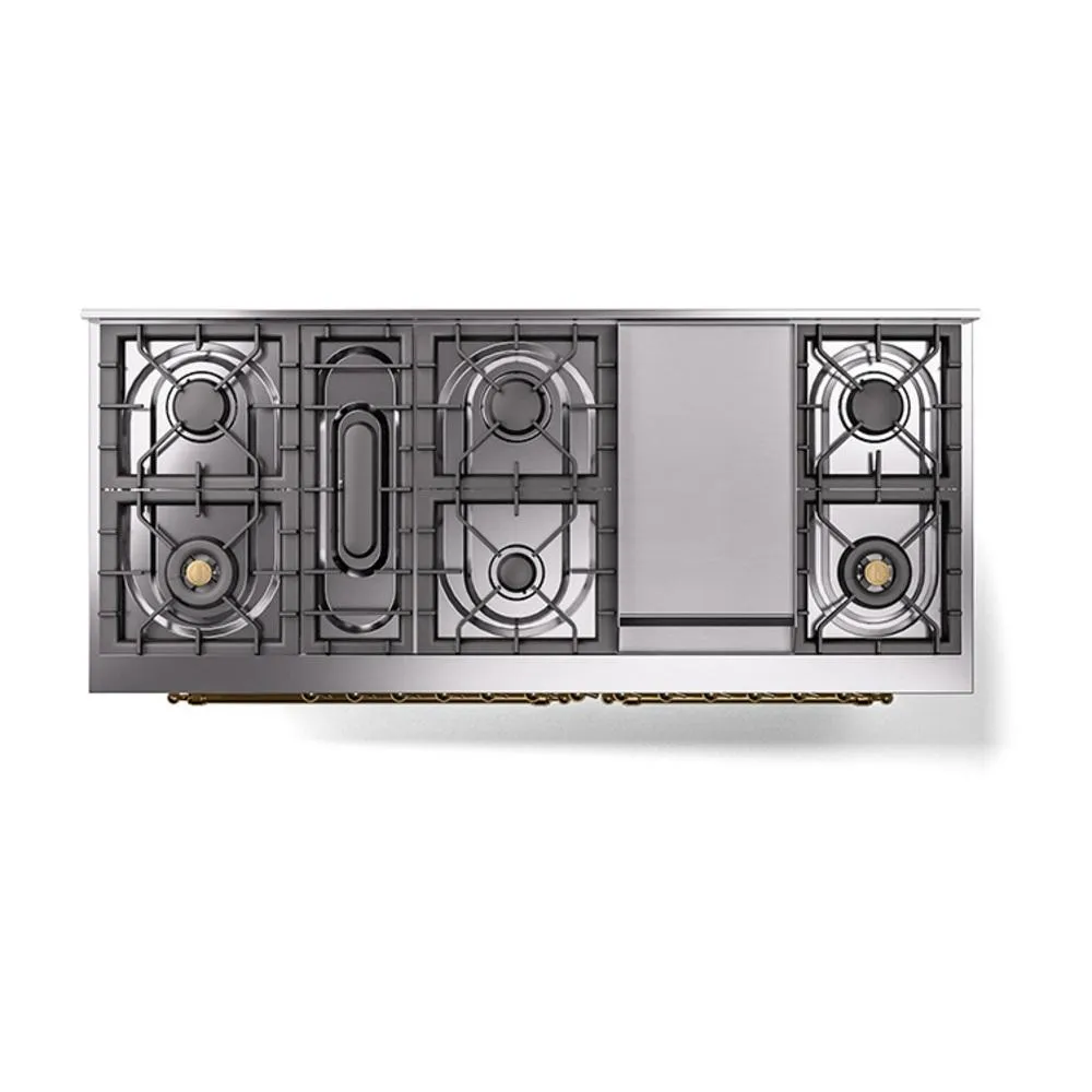 Ilve UN60FNMPAWGLP Ilve Un60Fnmpawglp Nostalgie Ii Noblesse 60" Dual Fuel Range (9 Sealed Burners   Griddle, Liquid Propane, Triple Glass Door, Antique White, Brass)