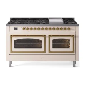 Ilve UN60FNMPAWGLP Ilve Un60Fnmpawglp Nostalgie Ii Noblesse 60" Dual Fuel Range (9 Sealed Burners   Griddle, Liquid Propane, Triple Glass Door, Antique White, Brass)