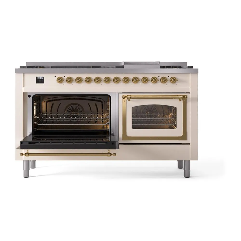 Ilve UN60FNMPAWGLP Ilve Un60Fnmpawglp Nostalgie Ii Noblesse 60" Dual Fuel Range (9 Sealed Burners   Griddle, Liquid Propane, Triple Glass Door, Antique White, Brass)