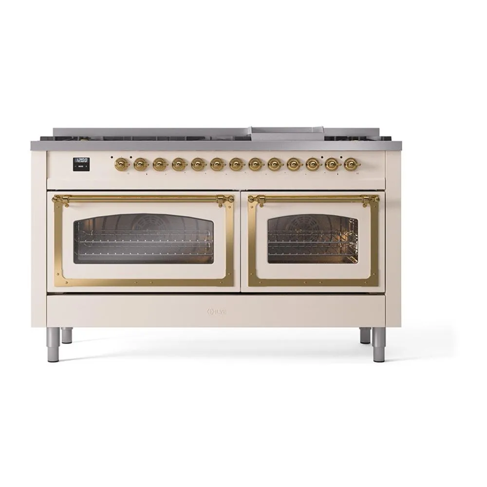Ilve UN60FNMPAWGLP Ilve Un60Fnmpawglp Nostalgie Ii Noblesse 60" Dual Fuel Range (9 Sealed Burners   Griddle, Liquid Propane, Triple Glass Door, Antique White, Brass)