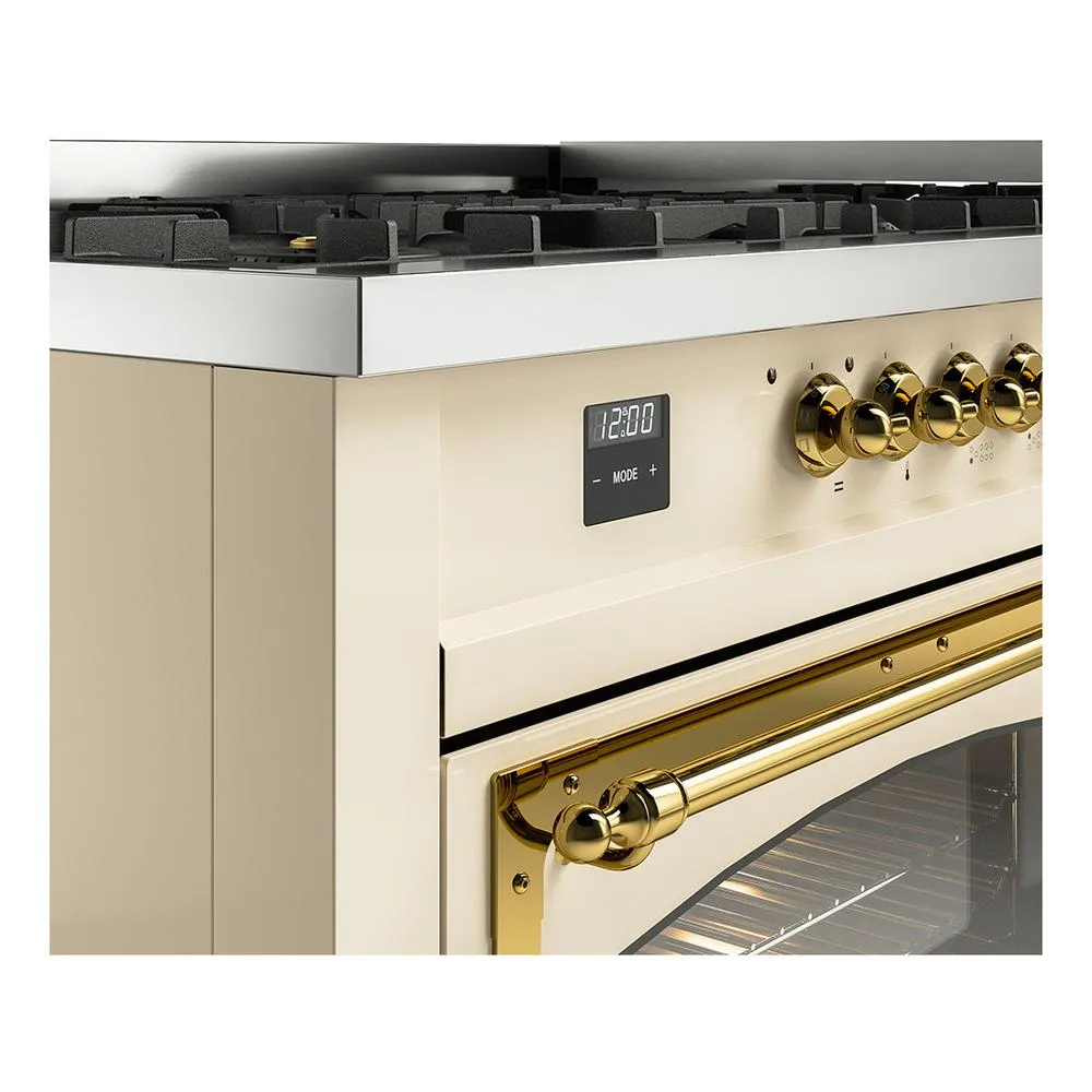 Ilve UN60FNMPAWGLP Ilve Un60Fnmpawglp Nostalgie Ii Noblesse 60" Dual Fuel Range (9 Sealed Burners   Griddle, Liquid Propane, Triple Glass Door, Antique White, Brass)