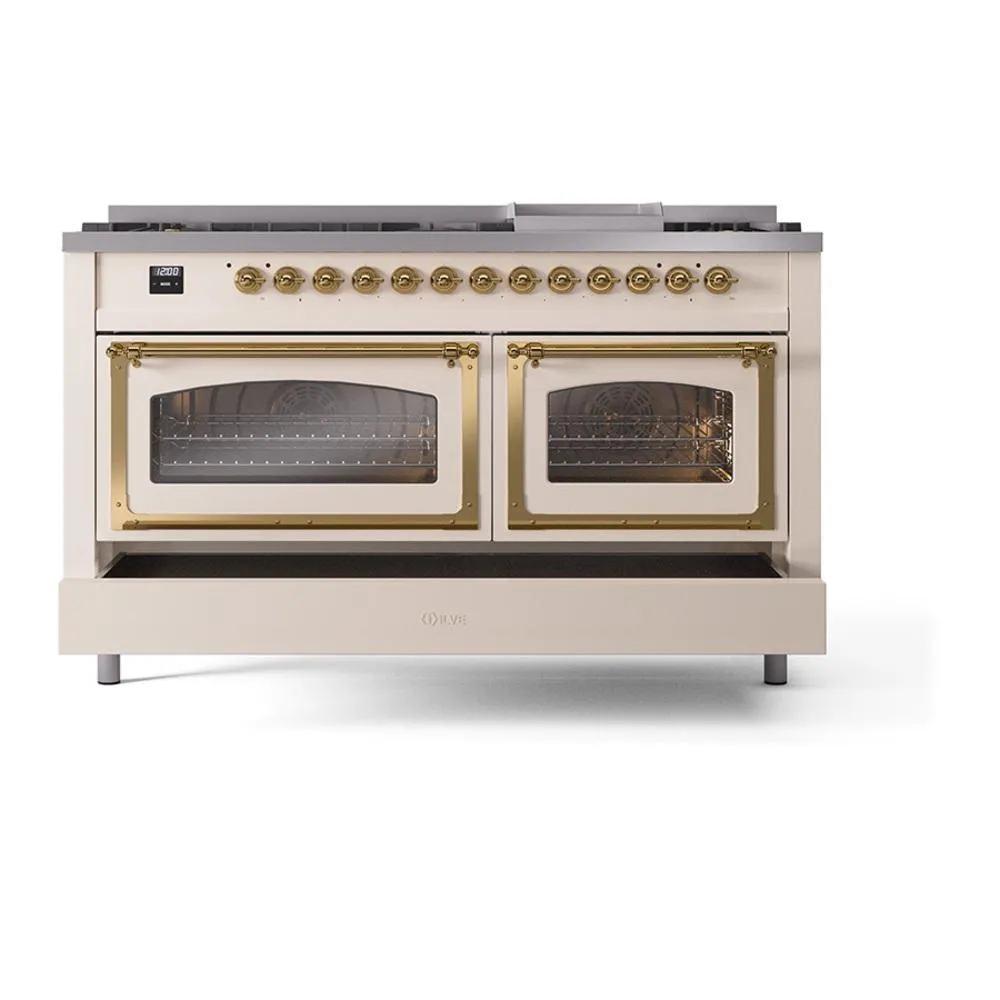 Ilve UN60FNMPAWGLP Ilve Un60Fnmpawglp Nostalgie Ii Noblesse 60" Dual Fuel Range (9 Sealed Burners   Griddle, Liquid Propane, Triple Glass Door, Antique White, Brass)
