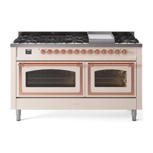 Ilve UN60FNMPAWPLP Ilve Un60Fnmpawplp Nostalgie Ii Noblesse 60" Dual Fuel Range (9 Sealed Burners   Griddle, Liquid Propane, Triple Glass Door, Antique White, Copper)