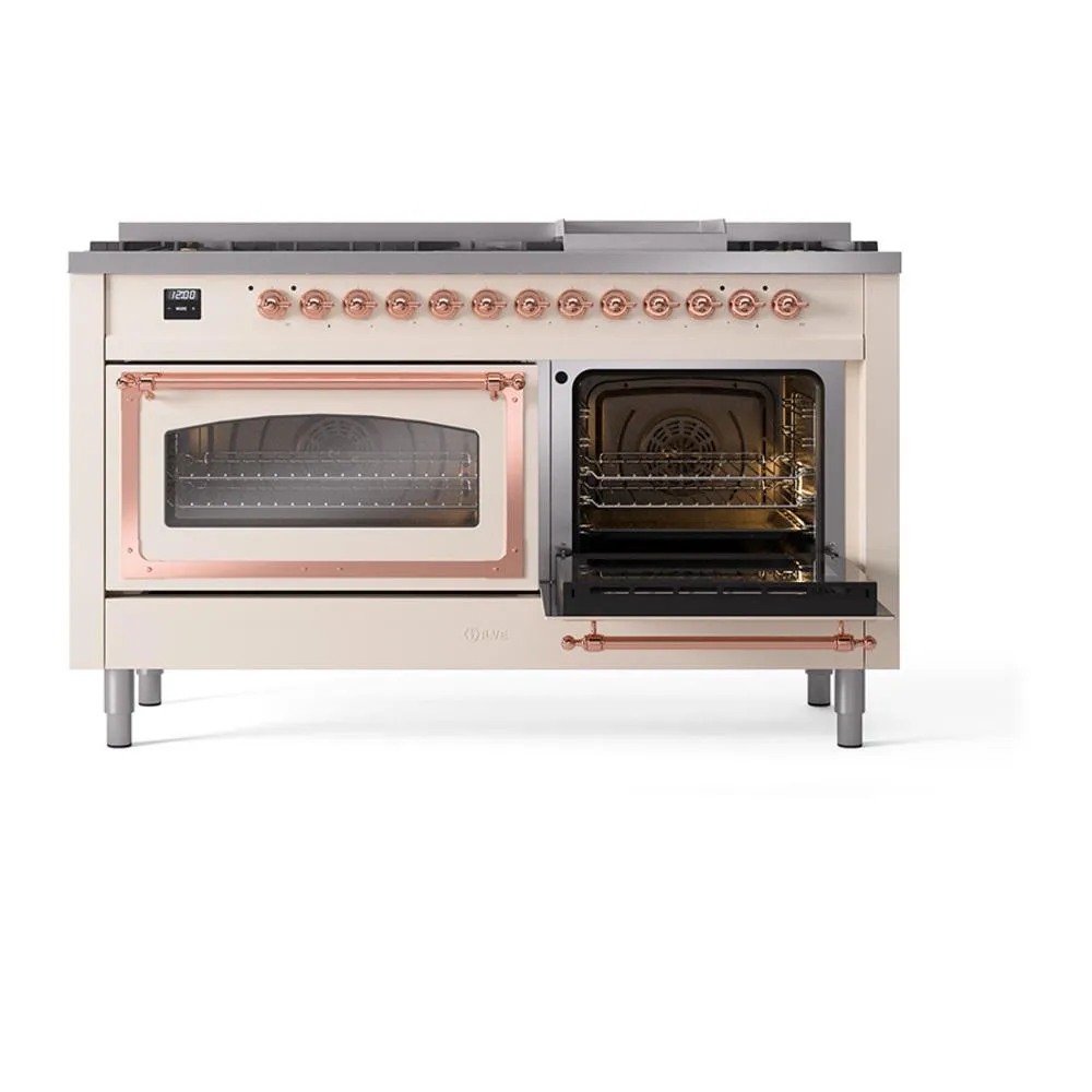Ilve UN60FNMPAWPLP Ilve Un60Fnmpawplp Nostalgie Ii Noblesse 60" Dual Fuel Range (9 Sealed Burners   Griddle, Liquid Propane, Triple Glass Door, Antique White, Copper)